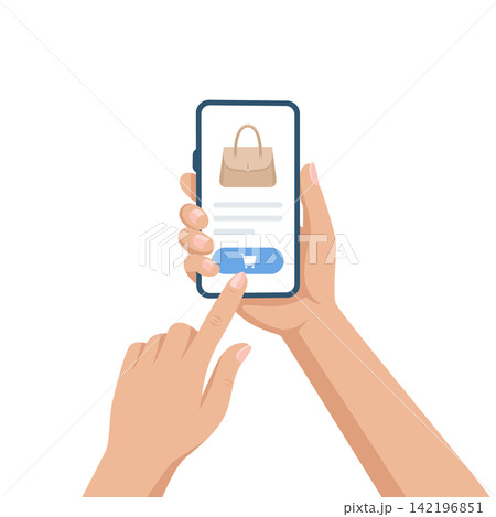 Mobile Shopping App, Vector Illustration. Hand Using Smartphone to Buy Handbag Online. Ecommerce Store Interface. Tap to Purchase. Online Shopping, Mobile Payment, Shop App, Digital Commerce Concept Mobile Shopping App, Vector Illustration. Hand Using Smartphone to Buy Handbag Online. Ecommerce Store Interface. Tap to Purchase. Online Shopping, Mobile Payment, Shop App, Digital Commerce Concept 142196851
