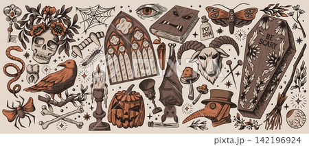 Gothic Halloween sketch pattern in brown, orange Gothic Halloween sketch pattern in brown, orange 142196924