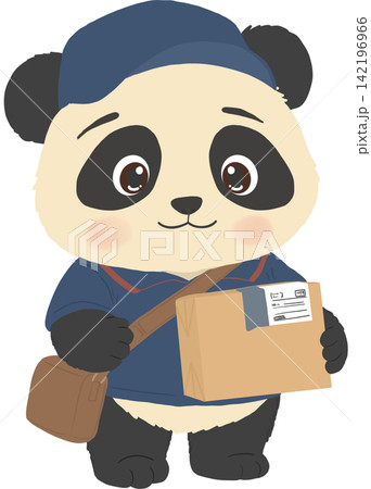 Cute cartoon delivery panda courier holding a cardboard parcel box. Cute cartoon delivery panda courier holding a cardboard parcel box. 142196966