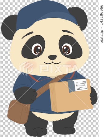 Cute cartoon delivery panda courier holding a cardboard parcel box. Cute cartoon delivery panda courier holding a cardboard parcel box. 142196966