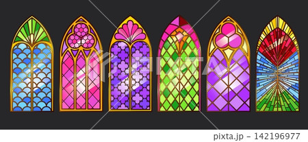Gothic catholic church windows with stained glass Gothic catholic church windows with stained glass 142196977