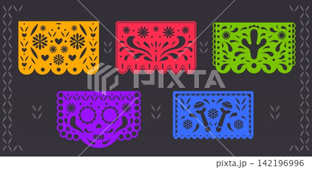 Set of Mexican papel picado patterns on black Set of Mexican papel picado patterns on black 142196996