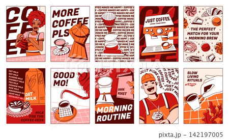 Vintage coffee shop posters set with barista Vintage coffee shop posters set with barista 142197005