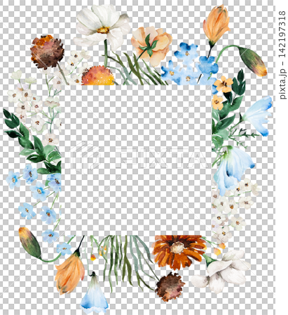 Watercolor frame with blue, ivory and orange wildflowers, illustration for wedding stationery Watercolor frame with blue, ivory and orange wildflowers, illustration for wedding stationery 142197318