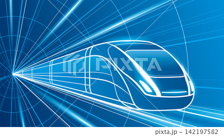 Futuristic high speed train moving through an abstract technology tunnel with glowing lines and dynamic perspective. Modern blue transportation illustration representing speed, innovation, railway tec 142197582