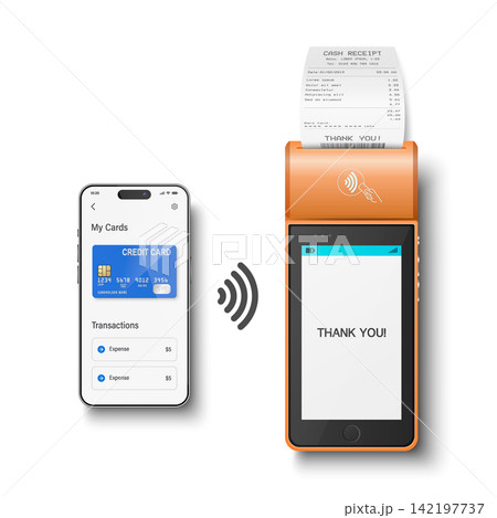 Contactless Mobile Payment with Smartphone and Orange POS Terminal, 3d Realistic Vector Illustration. NFC Cashless Transaction. Wireless Card Payment. Fintech and Digital Checkout Contactless Mobile Payment with Smartphone and Orange POS Terminal, 3d Realistic Vector Illustration. NFC Cashless Transaction. Wireless Card Payment. Fintech and Digital Checkout 142197737