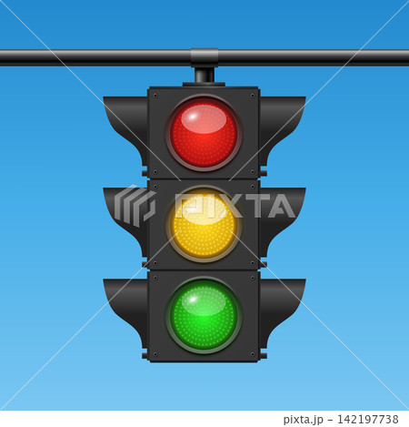 Traffic Light with Red Yellow and Green Signals, Vector Illustration. Road Safety and Traffic Control Banner on Blue Background. Urban Transportation Poster Template Traffic Light with Red Yellow and Green Signals, Vector Illustration. Road Safety and Traffic Control Banner on Blue Background. Urban Transportation Poster Template 142197738