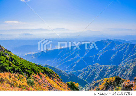 秋の快晴の朝 唐松岳の登山道沿いに色付いた高山植物と遠方に霞む雄大な山並みの風景 秋の快晴の朝 唐松岳の登山道沿いに色付いた高山植物と遠方に霞む雄大な山並みの風景 142197793