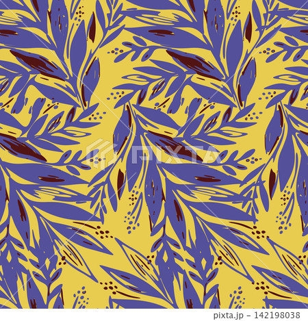 Modern seamless floral pattern with hand drawn purple brush stroke leaves and branches on yellow background for textile print, wallpaper. 142198038