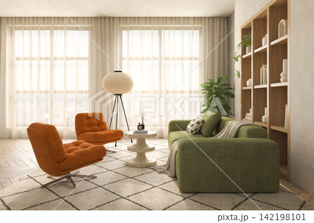 Mid century style conceptual dopamine interior room 3d illustration Mid century style conceptual dopamine interior room 3d illustration 142198101