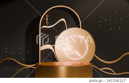 Dark black concept style ,Podium display minimal geometric abstract and decoration chinese style.3D rendering Dark black concept style ,Podium display minimal geometric abstract and decoration chinese style.3D rendering 142198127