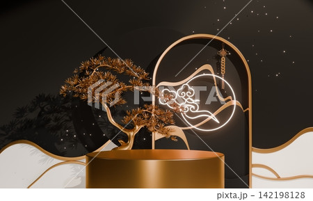 Dark black concept style ,Podium display minimal geometric abstract and decoration chinese style.3D rendering 142198128