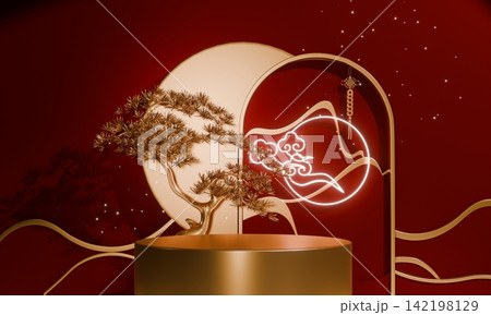 Chinese concept red wedding style with display stand ,stage podium  chinese for present products.3D rendering 142198129