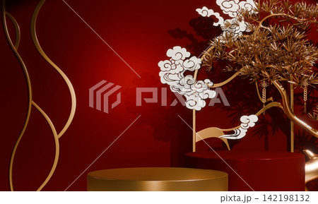 Chinese concept red wedding style with display stand ,stage podium chinese for present products.3D rendering Chinese concept red wedding style with display stand ,stage podium chinese for present products.3D rendering 142198132