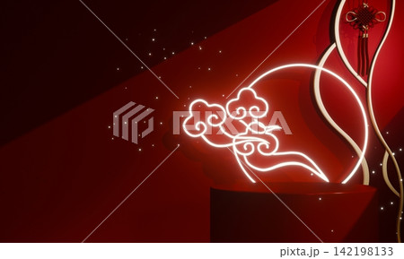 Chinese concept red wedding style with display stand ,stage podium  chinese for present products.3D rendering 142198133