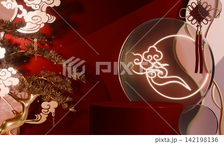 Chinese concept red wedding style with display stand ,stage podium  chinese for present products.3D rendering 142198136