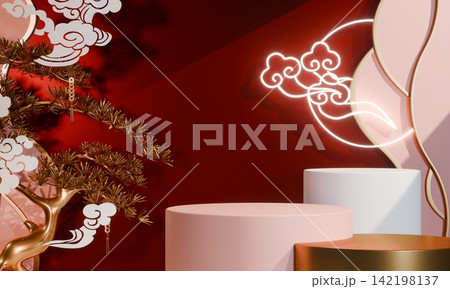 Chinese concept red wedding style with display stand ,stage podium  chinese for present products.3D rendering 142198137