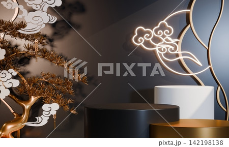 Dark black concept style ,Podium display minimal geometric abstract and decoration chinese style.3D rendering 142198138