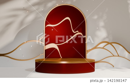 Chinese concept red wedding style with display stand ,stage podium  chinese for present products.3D rendering 142198147