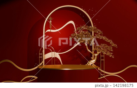 Chinese concept red wedding style with display stand ,stage podium  chinese for present products.3D rendering 142198175