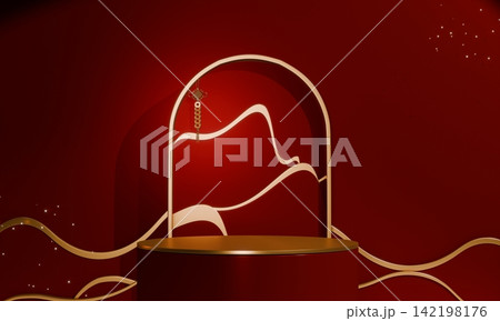 Chinese concept red wedding style with display stand ,stage podium  chinese for present products.3D rendering 142198176