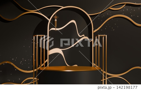 Dark black concept style ,Podium display minimal geometric abstract and decoration chinese style.3D rendering Dark black concept style ,Podium display minimal geometric abstract and decoration chinese style.3D rendering 142198177