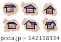 Set of six hand-drawn house illustrations featuring blue outlines and red accents, each set against a textured organic beige background. 142198334