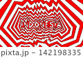 Vibrant psychedelic abstract background featuring the word Indonesia in bold typography, surrounded by red and white zigzag patterns, ideal for banners and designs. 142198335
