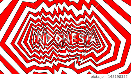 Vibrant psychedelic abstract background featuring the word Indonesia in bold typography, surrounded by red and white zigzag patterns, ideal for banners and designs. 142198335