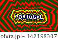 Vibrant psychedelic abstract background featuring the word Portugal in bold typography, surrounded by wavy zigzag patterns in green, red, and yellow, ideal for banners. 142198337