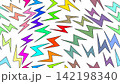 Seamless pattern featuring colorful lightning bolts scattered on a white background. 142198340