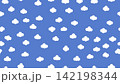 Seamless pattern featuring small, white, puffy cartoon cloud shapes scattered across a solid, medium blue background. Ideal for sky themes, nursery decor, or web design. 142198344