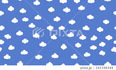 Seamless pattern featuring small, white, puffy cartoon cloud shapes scattered across a solid, medium blue background. Ideal for sky themes, nursery decor, or web design. Seamless pattern featuring small, white, puffy cartoon cloud shapes scattered across a solid, medium blue background. Ideal for sky themes, nursery decor, or web design. 142198344
