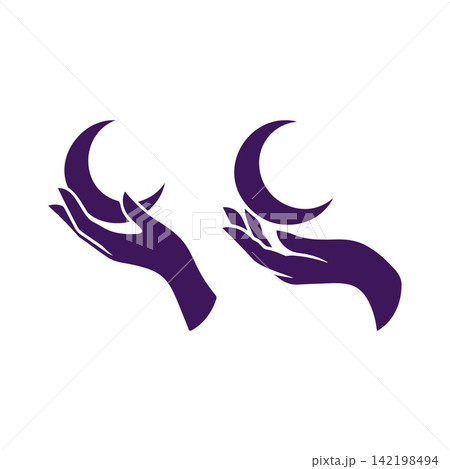 Witch hand holding a crescent moon icon for Halloween decoration 142198494