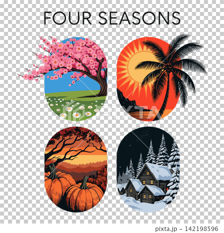 The image consists of four separate circular panels illustrating the changing seasons 142198596