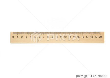 Classic wooden 20-centimeter metric ruler with black numbered scale isolated on white background. Classic wooden 20-centimeter metric ruler with black numbered scale isolated on white background. 142198858
