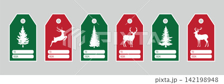 christmas paper tag set label with fir tree and deer motifs motifs vector illustration christmas paper tag set label with fir tree and deer motifs motifs vector illustration 142198948