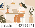 Woman sitting at desk and working on laptop in modern room with plants. Cozy home office concept. Minimalist flat vector illustration in boho style 142199121