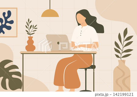Woman sitting at desk and working on laptop in modern room with plants. Cozy home office concept. Minimalist flat vector illustration in boho style 142199121