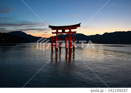 夕暮れの厳島神社大鳥居 広島 夕暮れの厳島神社大鳥居 広島 142199287