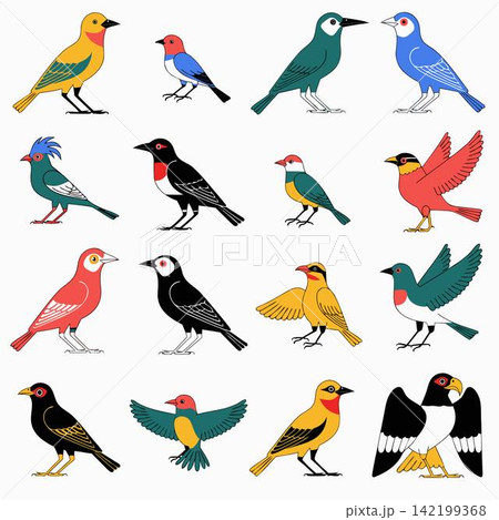 The image presented showcases a diverse collection of colorful vector illustrations depicting various small songbirds 142199368