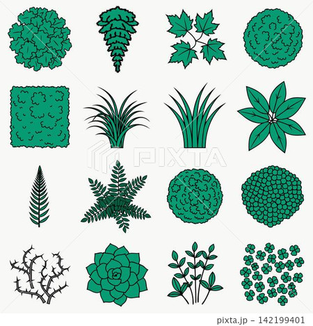 The image shows a set of stylized icons of green plants and trees The image shows a set of stylized icons of green plants and trees 142199401