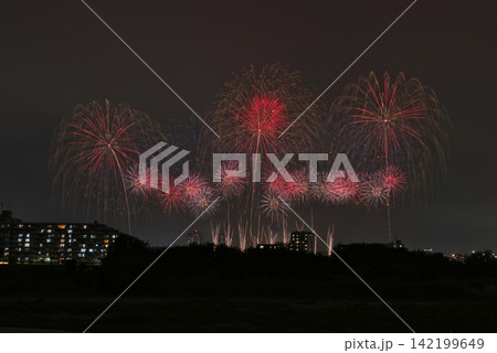 夜空に打ちあがる花火 夏の夜空に咲く花火　夜空に咲く花火　高く輝く花火大会　花火　夜空　花火イメージ 142199649