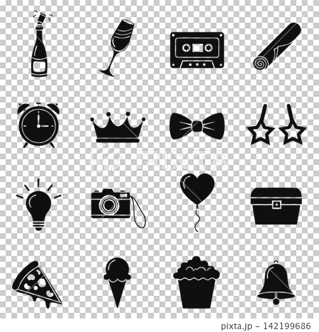 This image features a collection of black silhouette icons symbolizing parties, celebrations, and holidays This image features a collection of black silhouette icons symbolizing parties, celebrations, and holidays 142199686