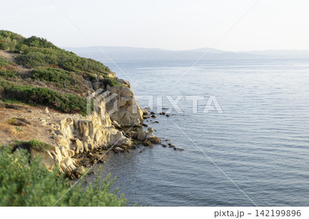 Rocky coastline with green bushes overlooking calm sea 142199896