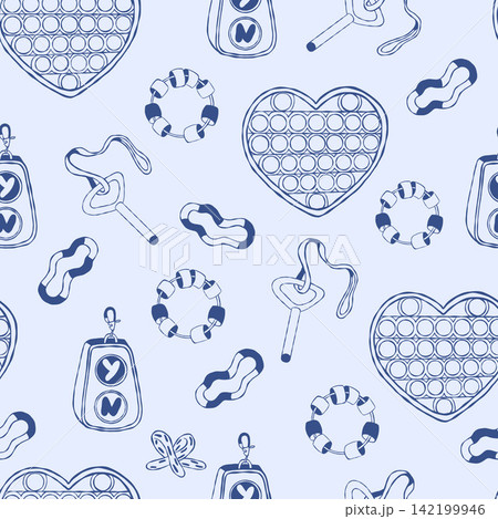 Seamless Pattern with Fidget Heart and Autism Sensory Toys on Blue Background. Continuous Tactile Stimming Tools Print and Wallpaper for ADHD and Occupational Therapy. Vector Illustration Hand Drawn Seamless Pattern with Fidget Heart and Autism Sensory Toys on Blue Background. Continuous Tactile Stimming Tools Print and Wallpaper for ADHD and Occupational Therapy. Vector Illustration Hand Drawn 142199946