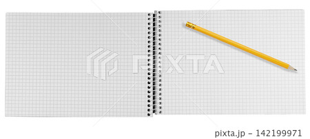 Open landscape spiral notebook with blank checkered graph paper pages and yellow pencil isolated on white background Open landscape spiral notebook with blank checkered graph paper pages and yellow pencil isolated on white background 142199971