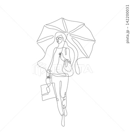Woman walks with umbrella, monoline illustration isolated on white background 142200031