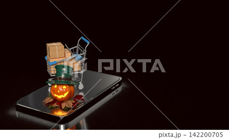 Spooky Halloween Mobile Shopping and Package Delivery 3d render. 142200705
