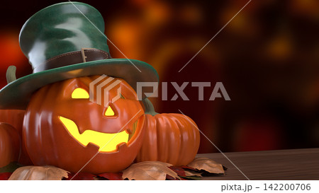 Glowing Halloween Jack O Lantern in Green Top Hat 3d render. Glowing Halloween Jack O Lantern in Green Top Hat 3d render. 142200706